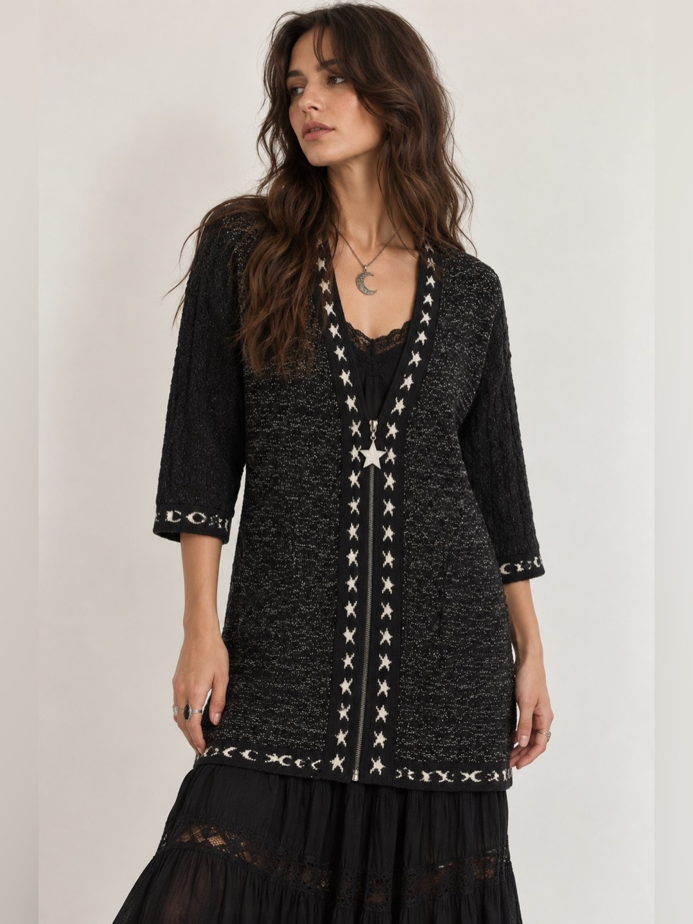 Vintage 90s SK Wear Black Witch Stars and Moons Knit Full Zip Sweater